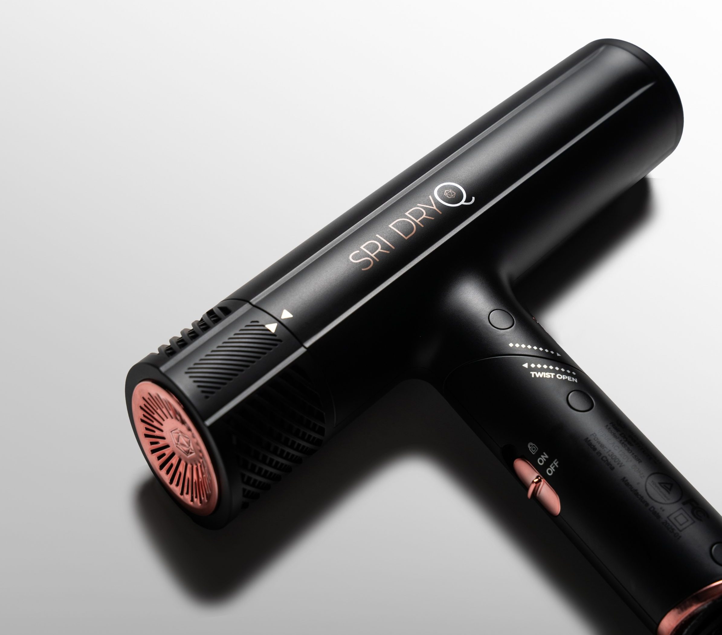 SRI Dry Q hair dryer sleek design on bathroom counter