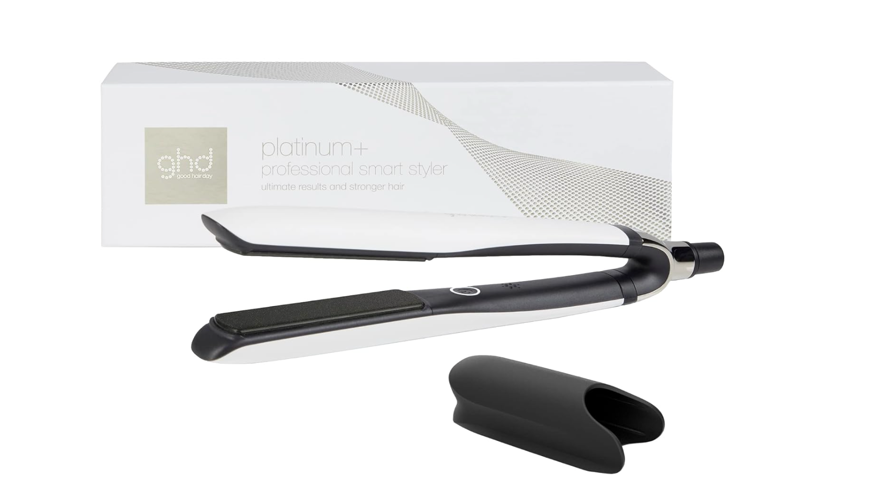 Close-up of GHD platinum plus flat iron, trusted by professional stylists