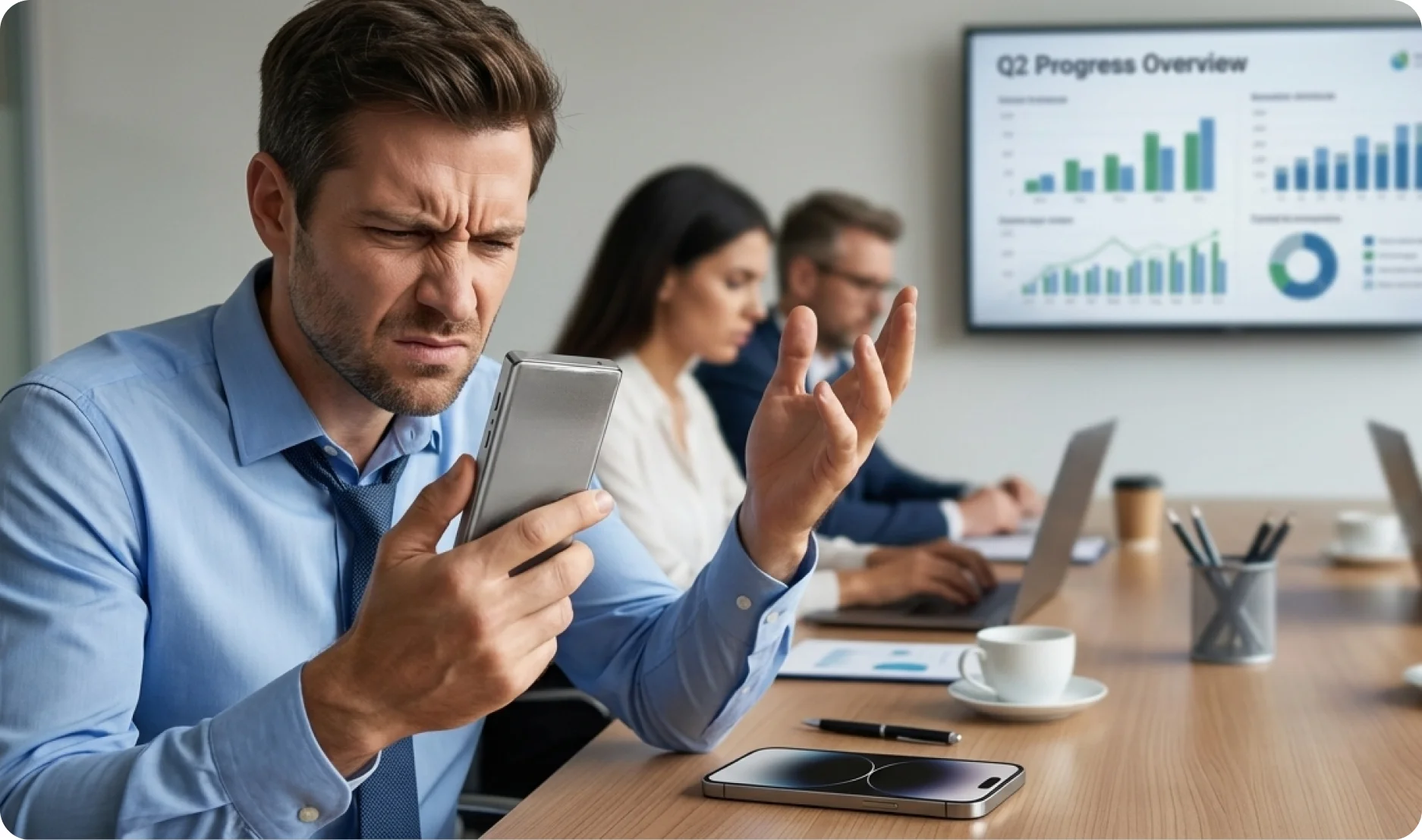 Frustrated man squinting at his phone during a meeting
